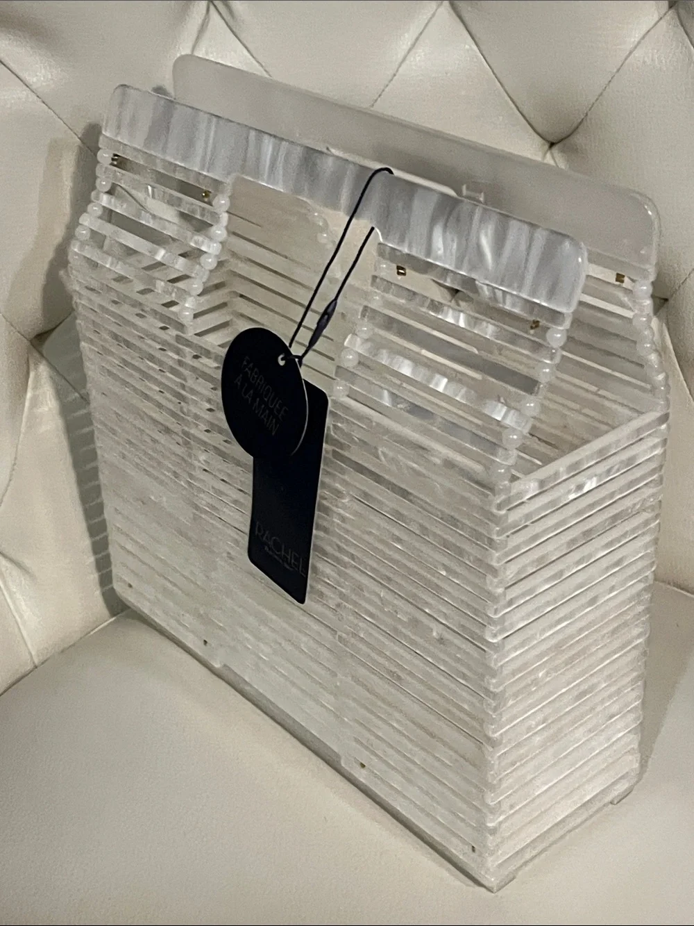 Rachel Roy Pearl White Slatted Acrylic Wall Panel Satchel Vacation Bag